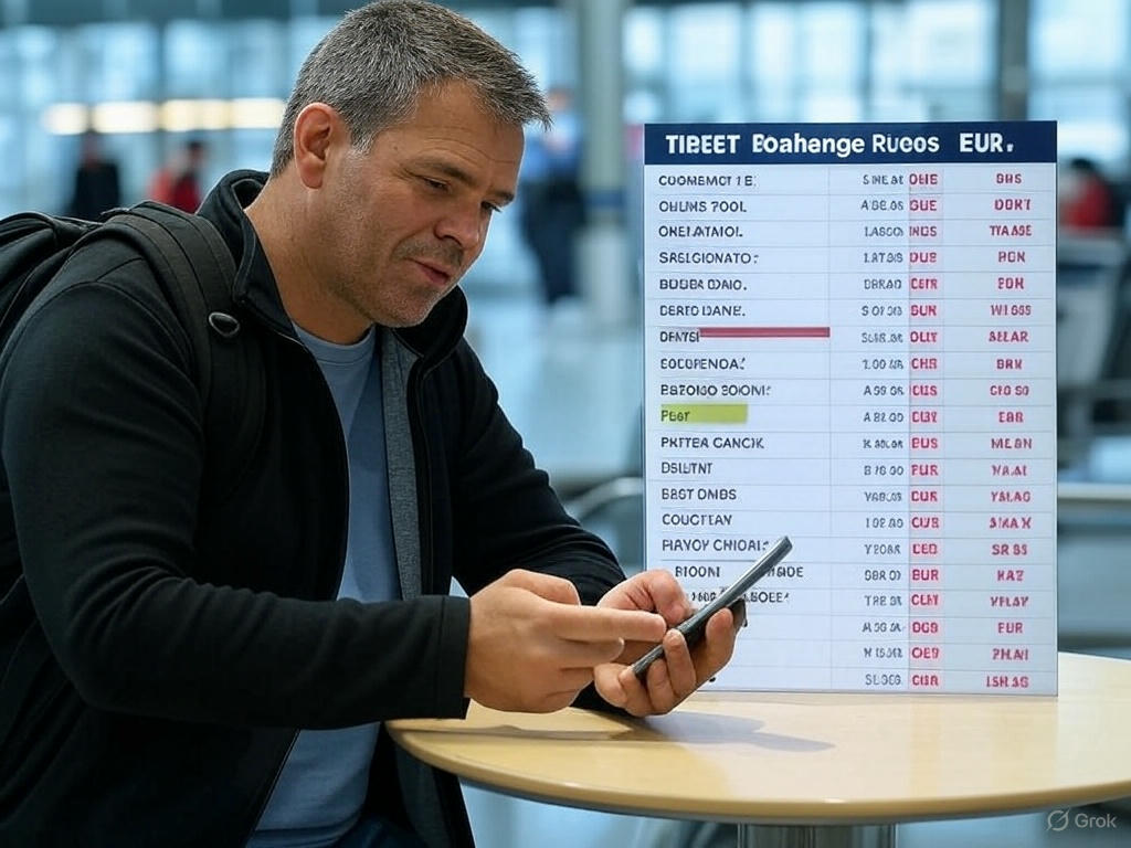 Illustration of a traveler using a smartphone to compare currency exchange rates, demonstrating how to find the best currency exchange rates on the go
