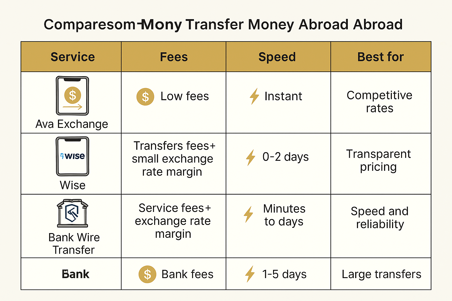 Infographic comparing Ava Exchange, Wise, Remitly, and bank wire transfers by fees, speed, and best use cases.