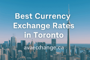 Header image featuring the Toronto skyline with the title 'Best Currency Exchange Rates in Toronto' and the website address avaexchange.ca in bold white text.