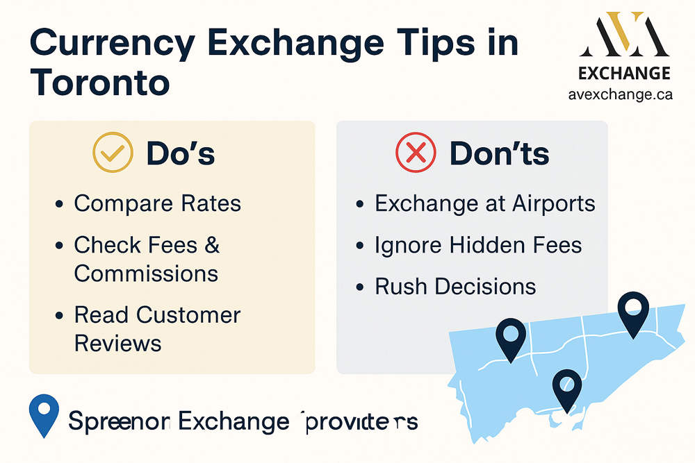 Infographic showing practical tips for currency exchange in Toronto, including where to avoid, how to compare rates, and spotting hidden fees.